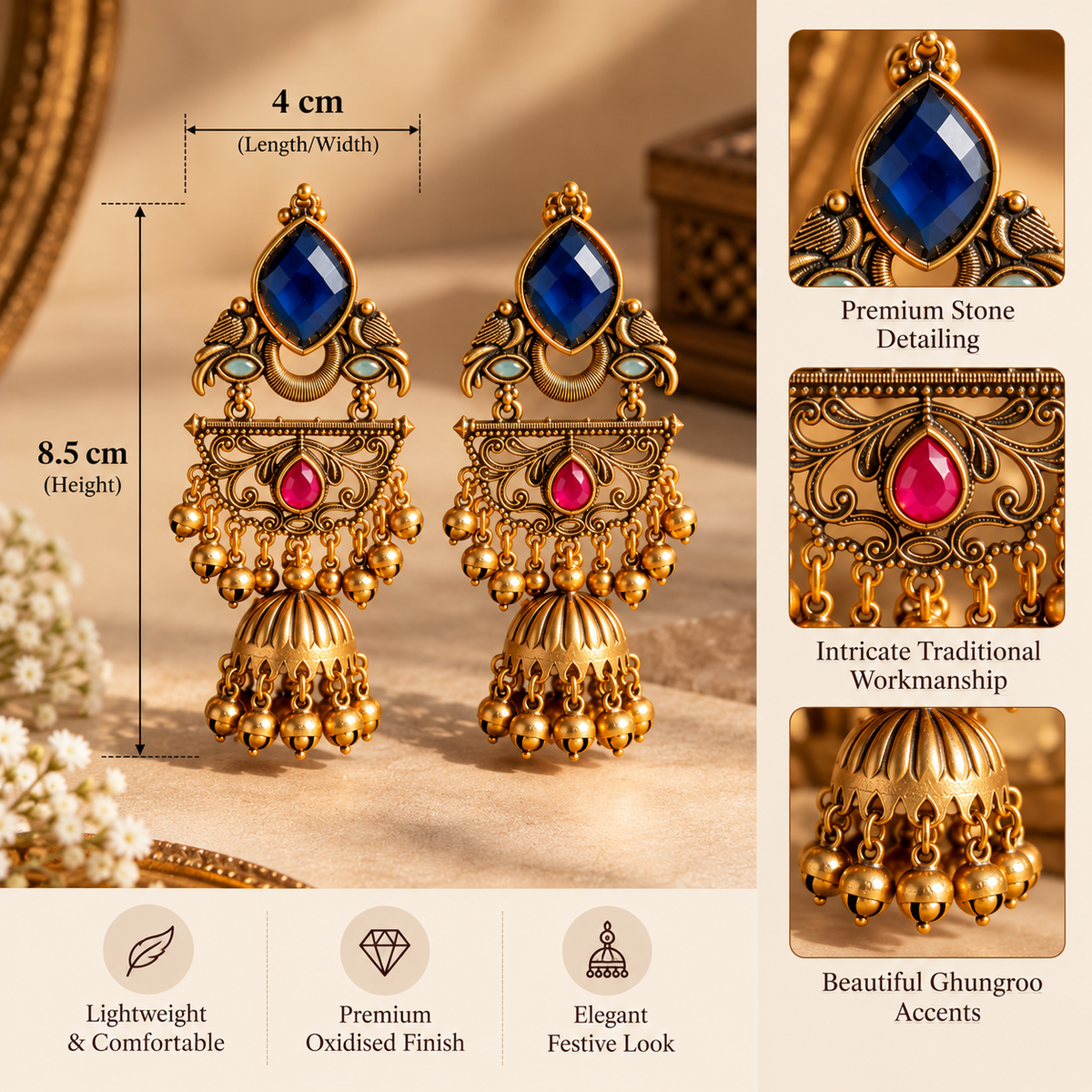 Mehndi Gold Blue Stone Kashmiri Jhumka