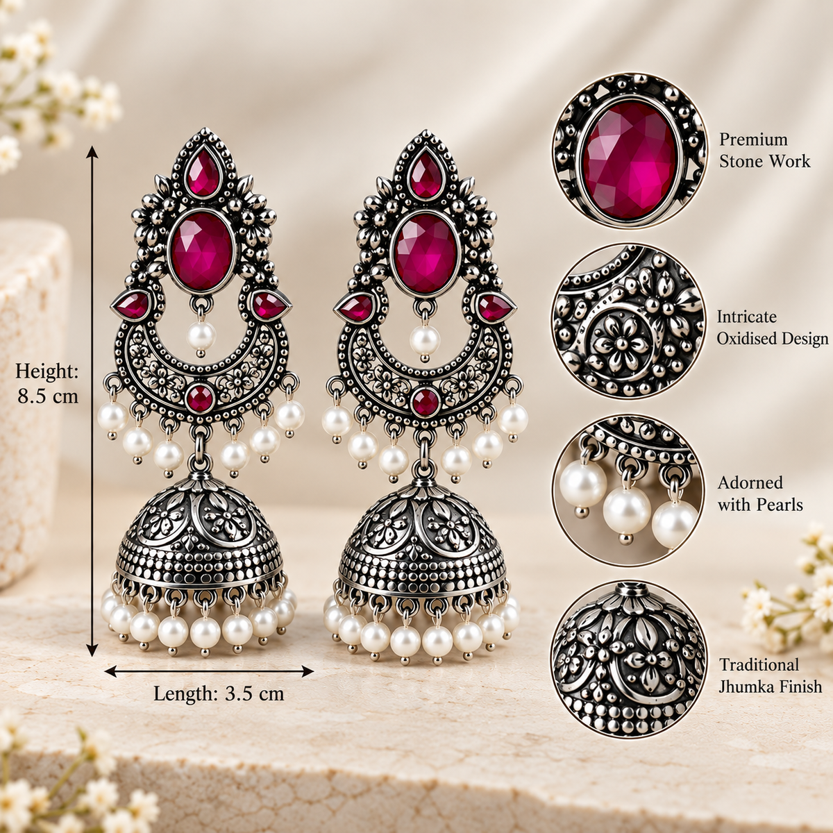 Regal Ruby Oxidised Silver Jhumka