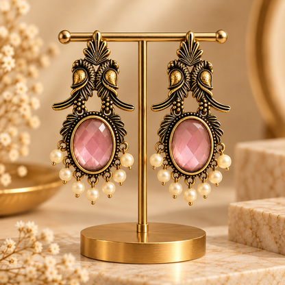 Pink Stone Antique Gold Drop Earrings