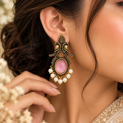 Pink Stone Antique Gold Drop Earrings