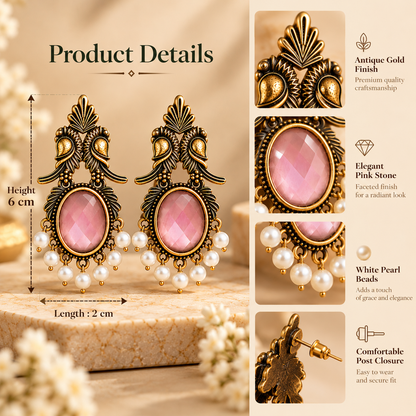 Pink Stone Antique Gold Drop Earrings