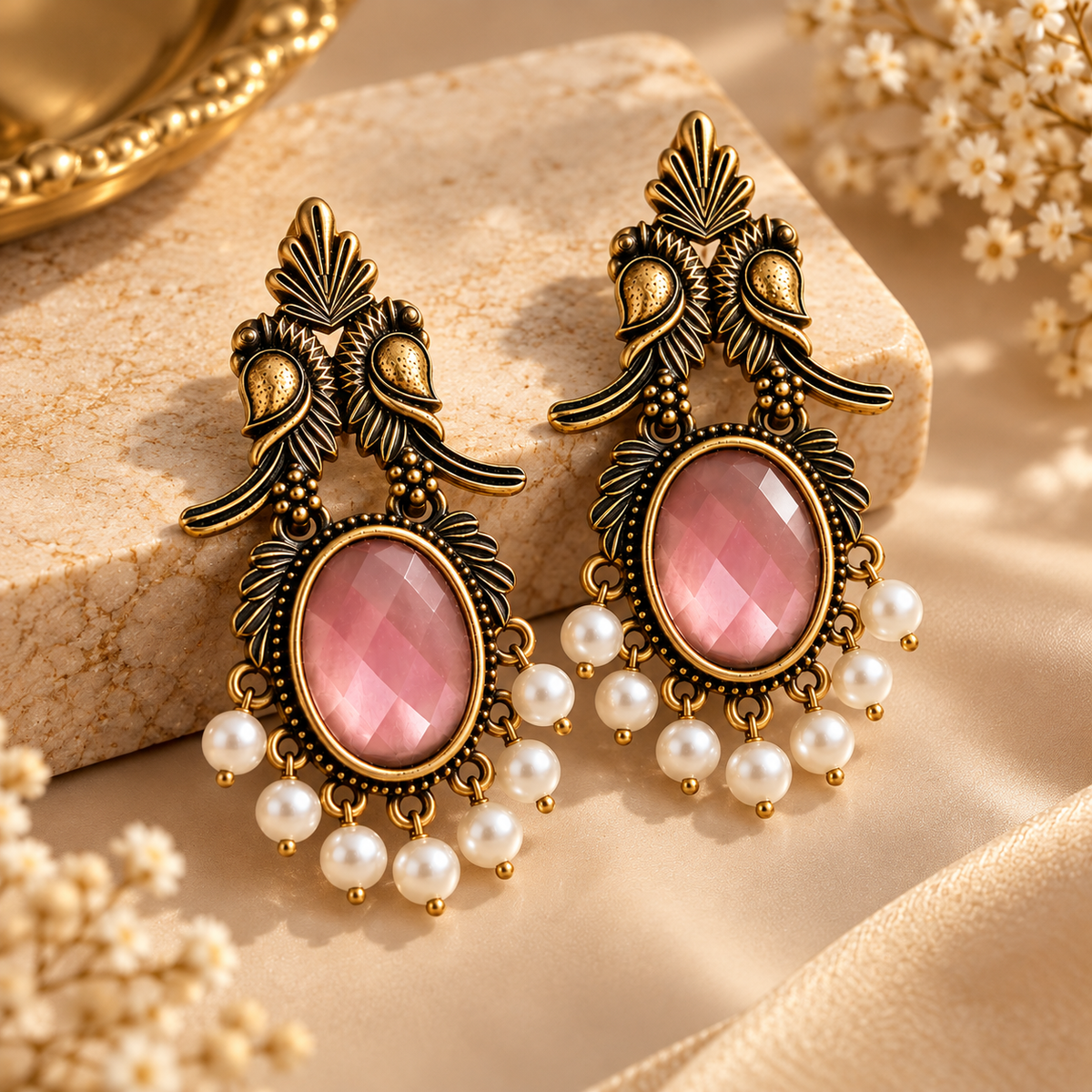 Pink Stone Antique Gold Drop Earrings