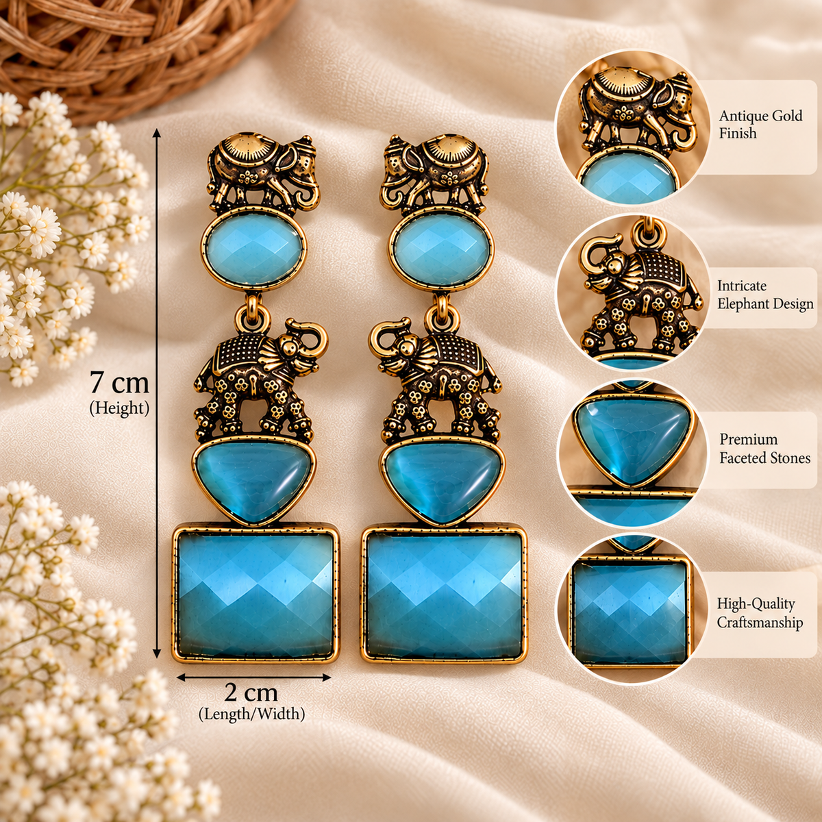 Antique Blue Elephant Earrings