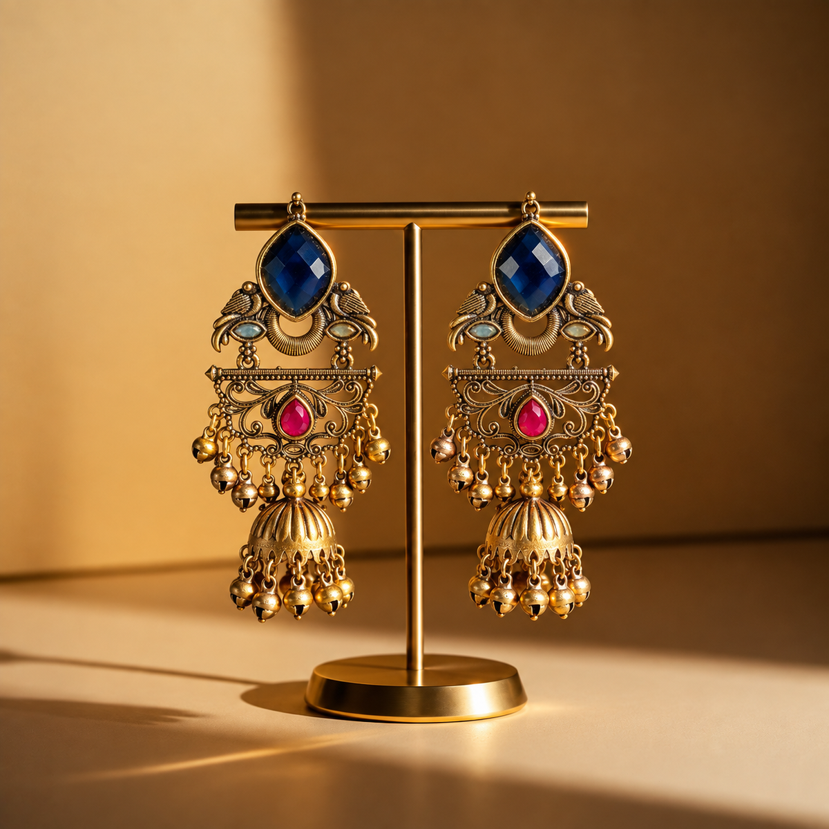 Mehndi Gold Blue Stone Kashmiri Jhumka