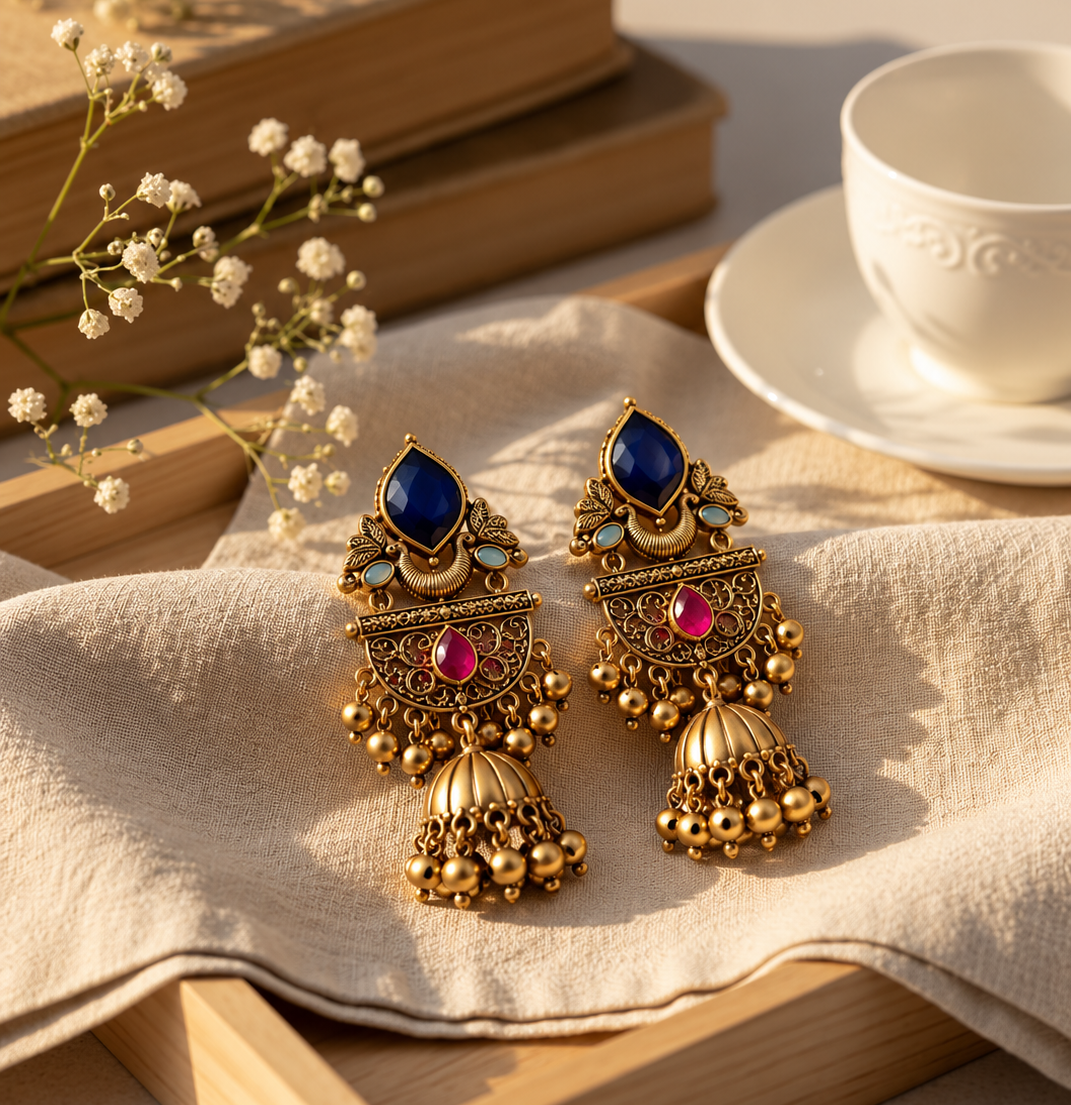 Mehndi Gold Blue Stone Kashmiri Jhumka