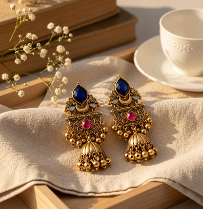Mehndi Gold Blue Stone Kashmiri Jhumka