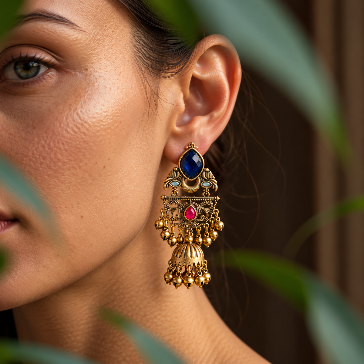 Mehndi Gold Blue Stone Kashmiri Jhumka