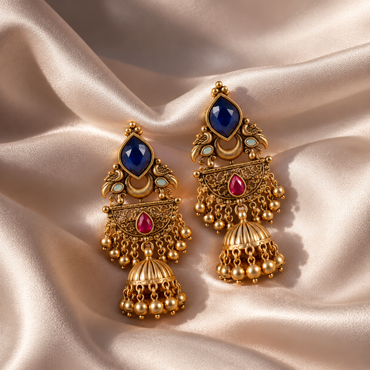 Mehndi Gold Blue Stone Kashmiri Jhumka