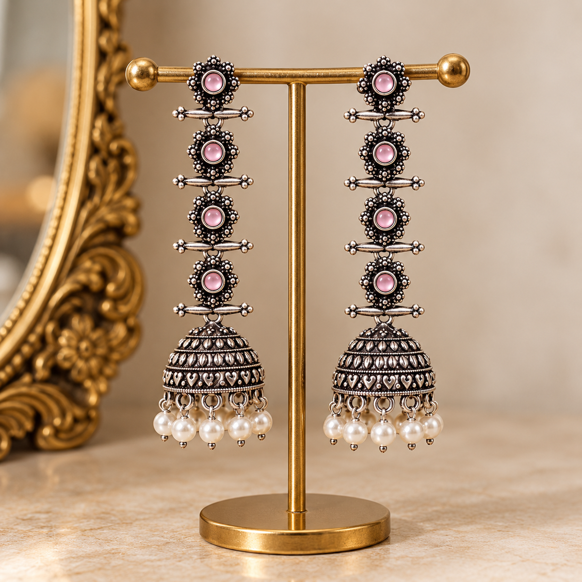 Antique Pink Stone Jhumka