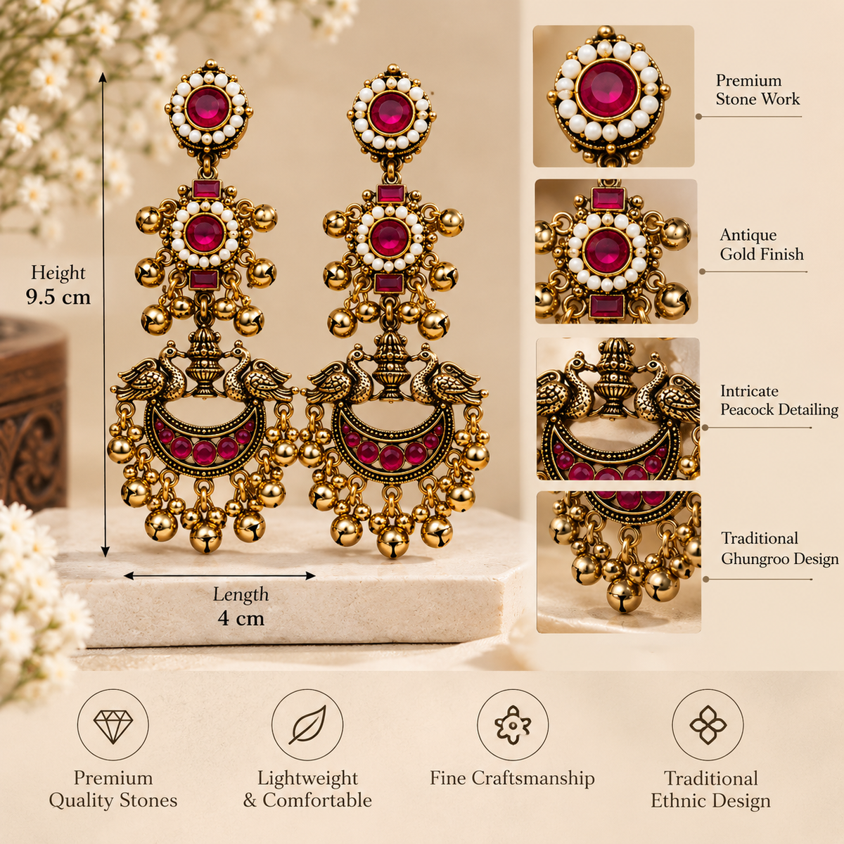 Peacock Chandelier Traditional Earrings