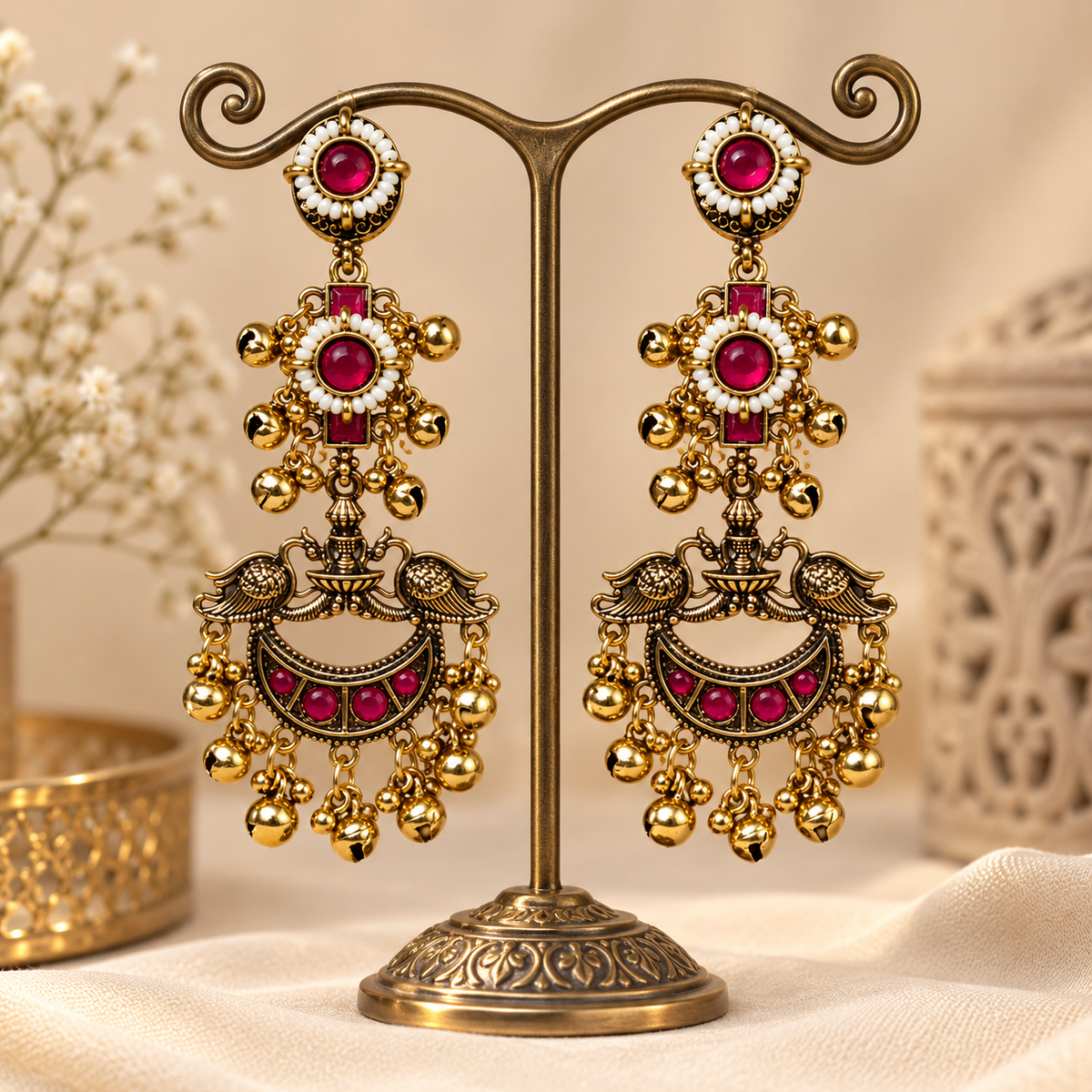 Peacock Chandelier Traditional Earrings