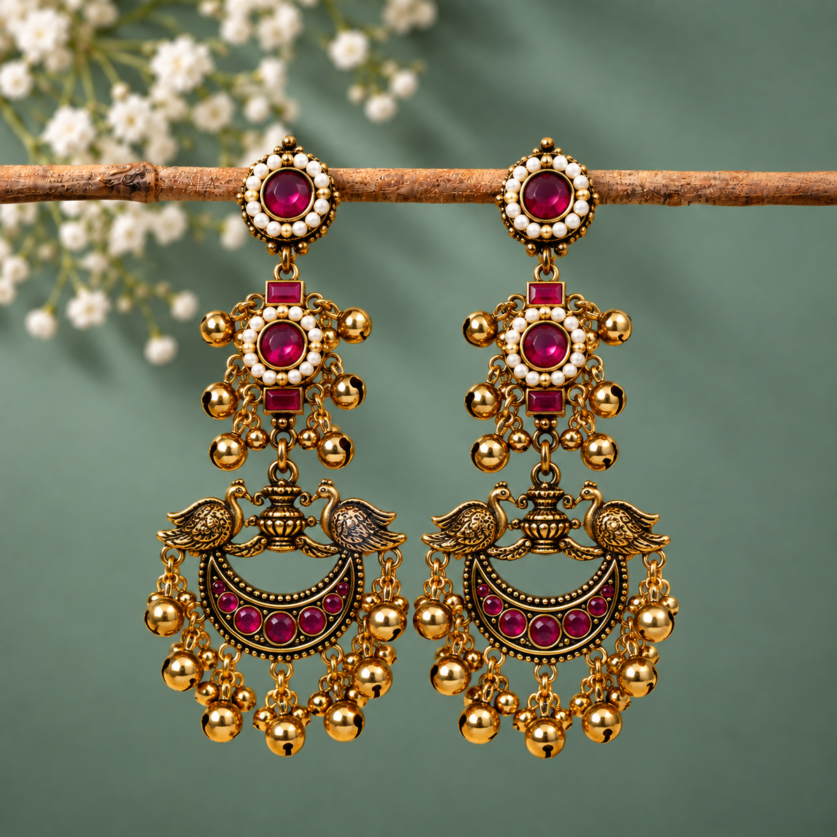 Peacock Chandelier Traditional Earrings