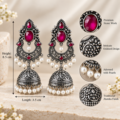 Regal Ruby Oxidised Silver Jhumka
