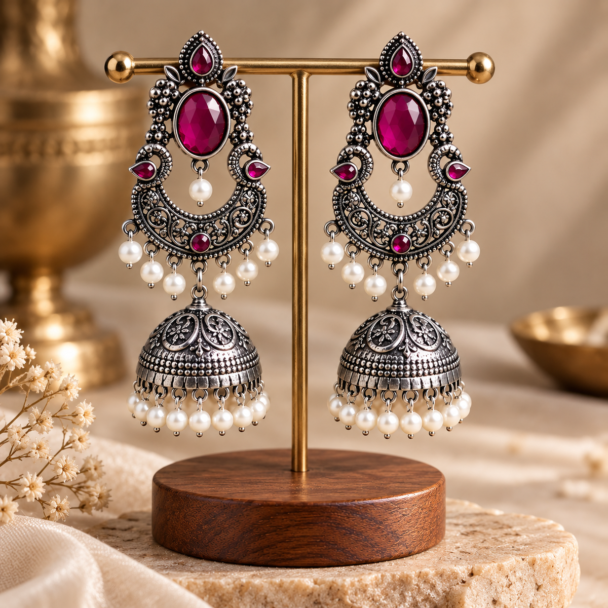 Regal Ruby Oxidised Silver Jhumka