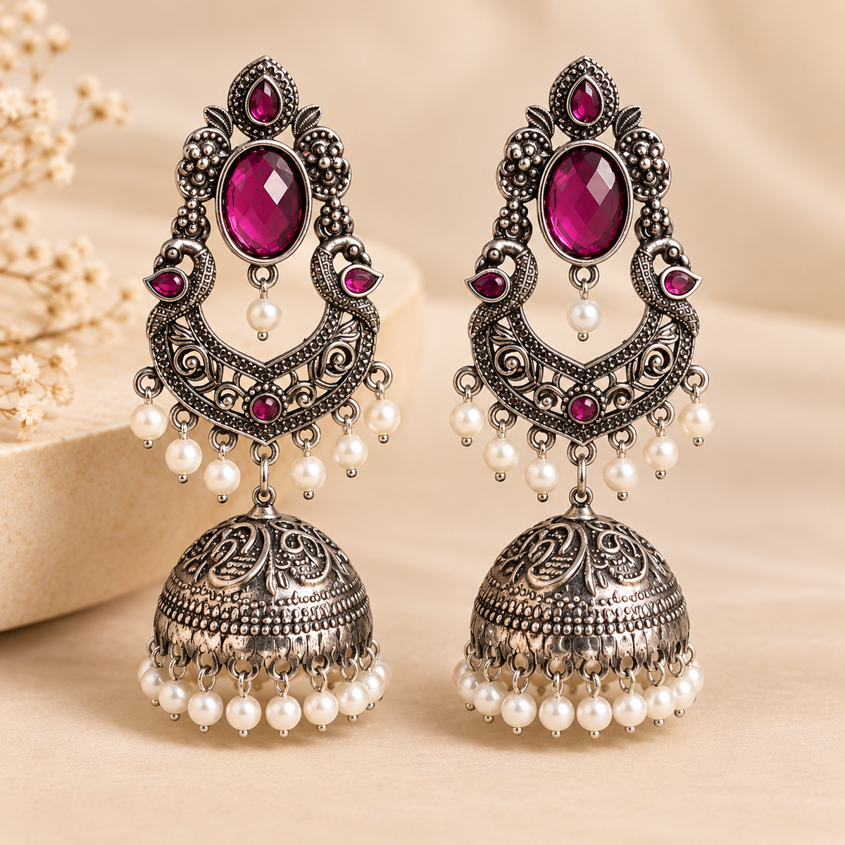 Regal Ruby Oxidised Silver Jhumka
