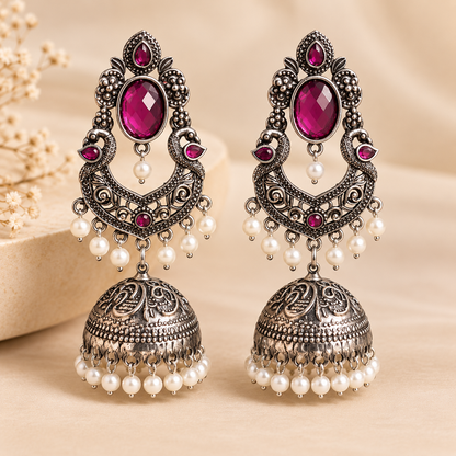 Regal Ruby Oxidised Silver Jhumka