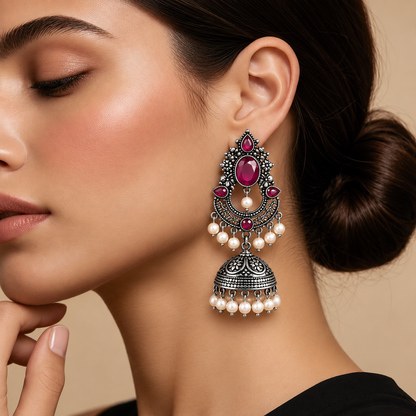 Regal Ruby Oxidised Silver Jhumka