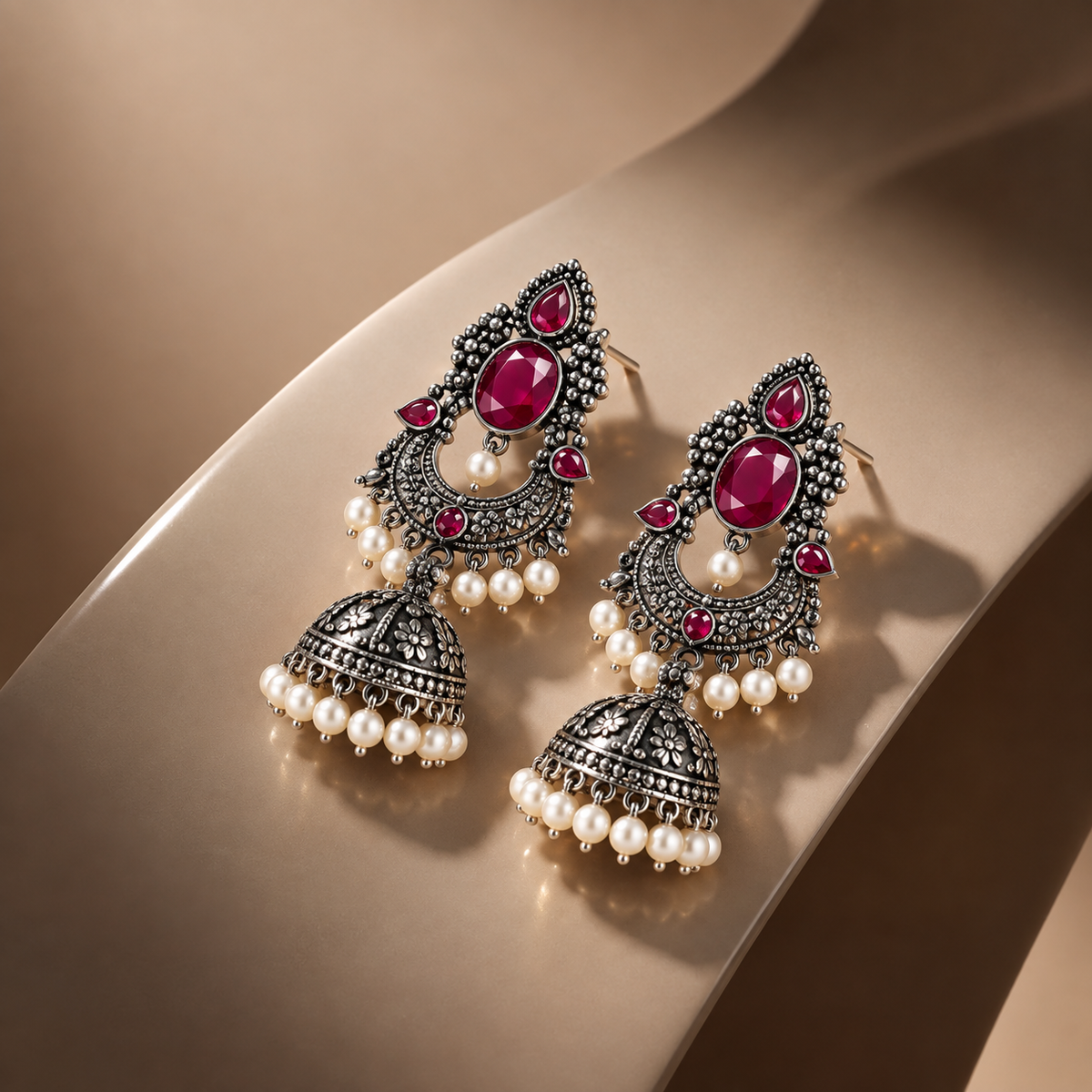 Regal Ruby Oxidised Silver Jhumka