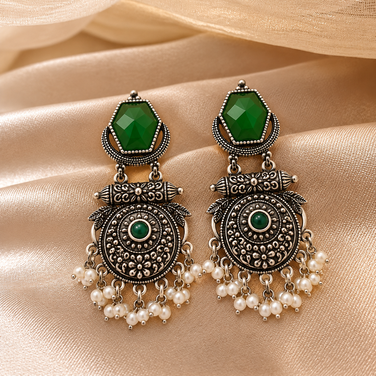 Antique Emerald Heritage Silver Earrings