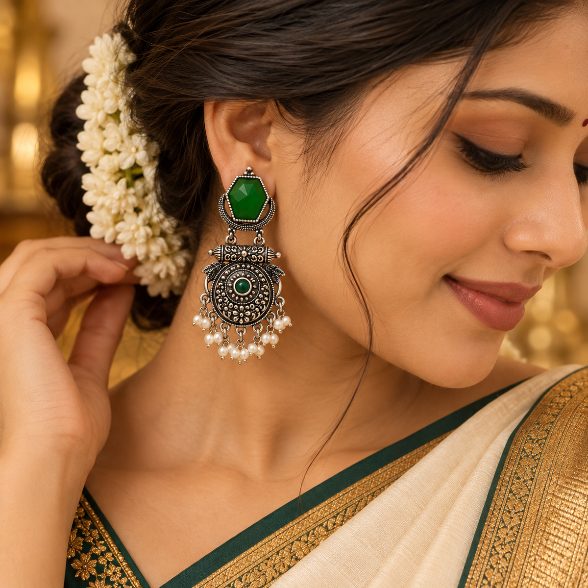 Antique Emerald Heritage Silver Earrings