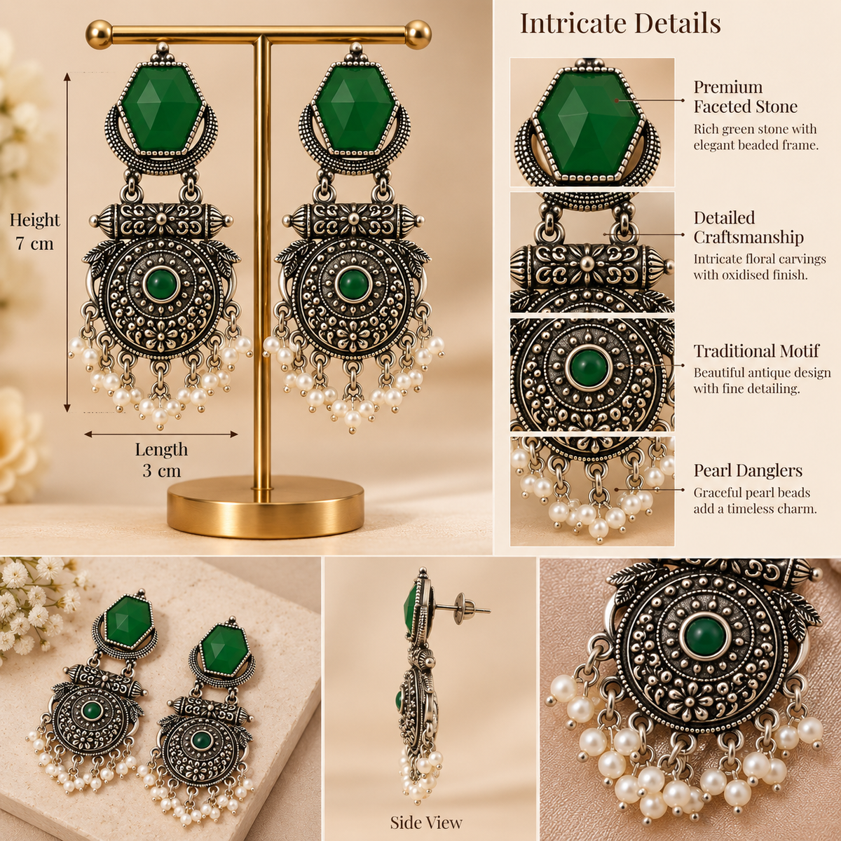 Antique Emerald Heritage Silver Earrings