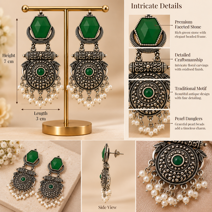 Antique Emerald Heritage Silver Earrings