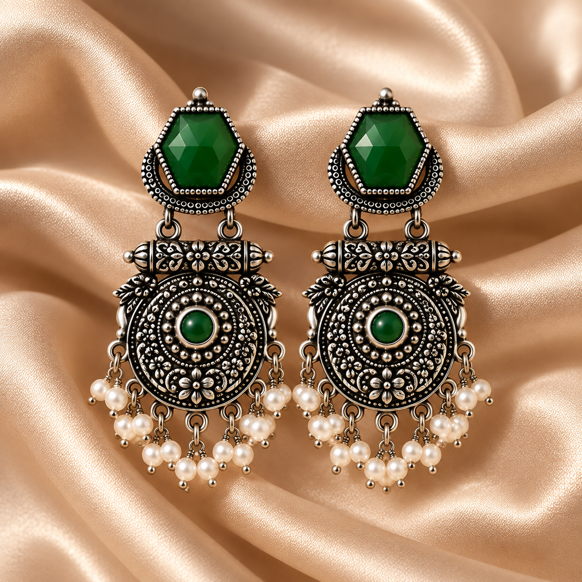 Antique Emerald Heritage Silver Earrings