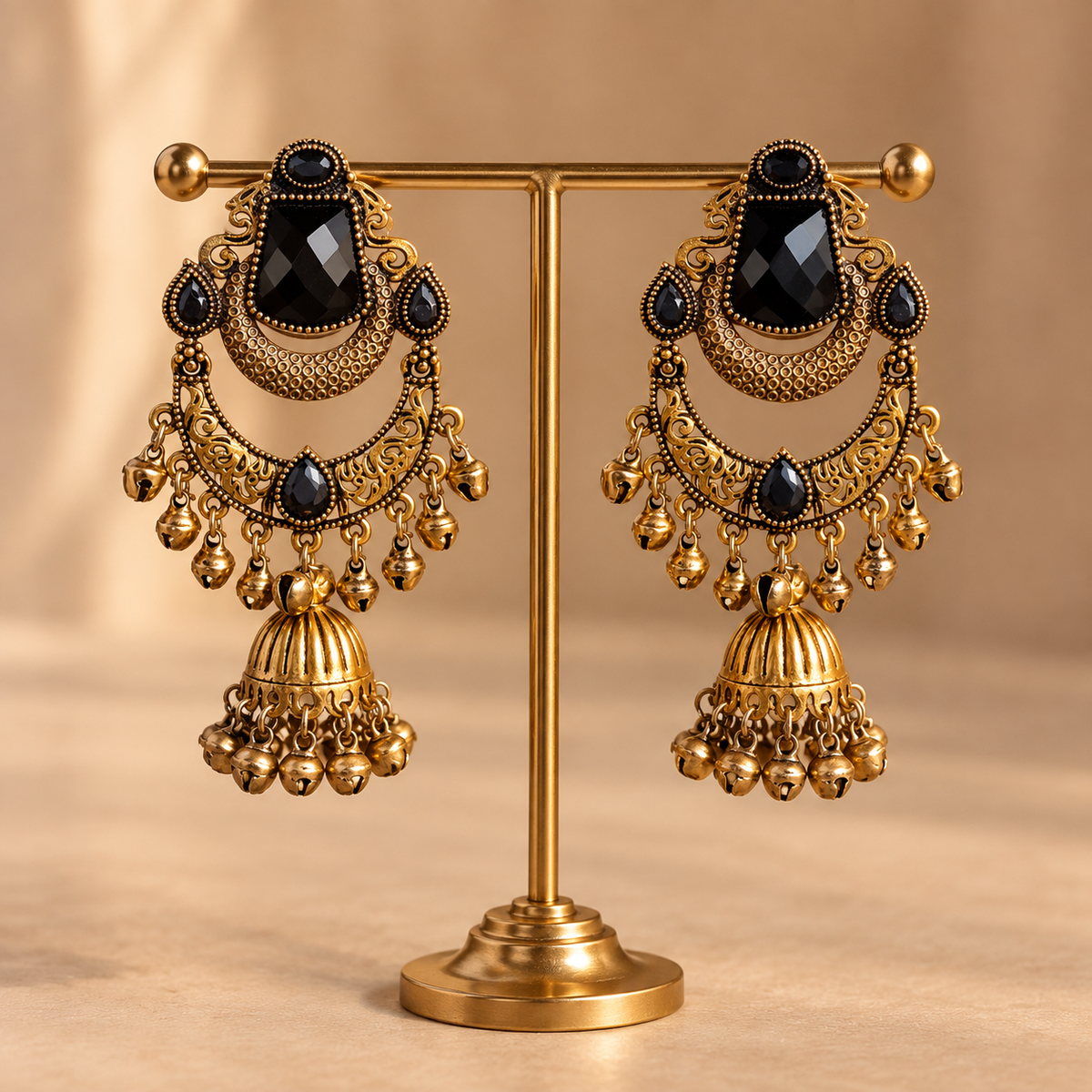 Black Onyx Chandbali Jhumka