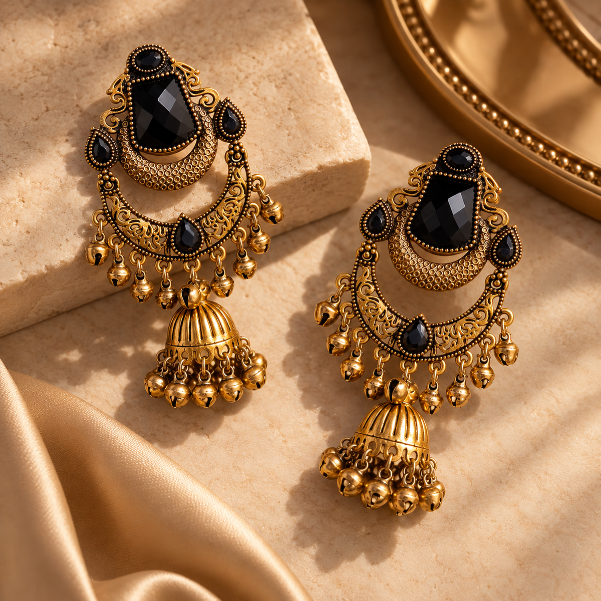 Black Onyx Chandbali Jhumka