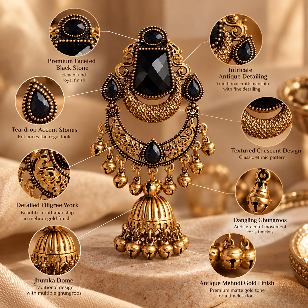 Black Onyx Chandbali Jhumka