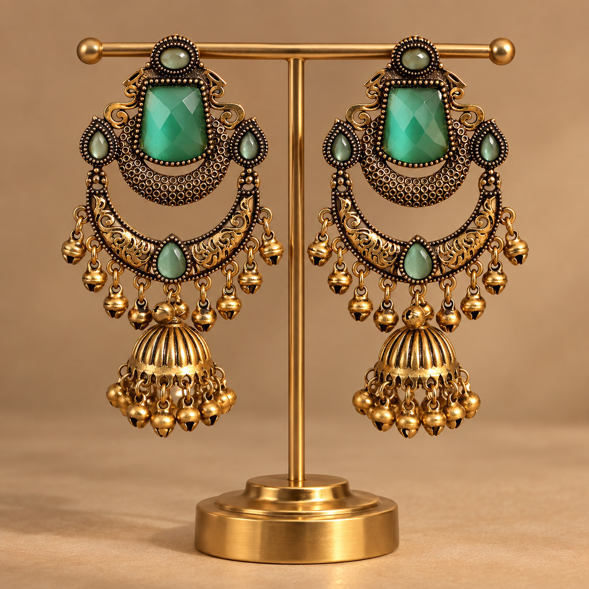 Mehndi Gold Green Stone Chandbali Jhumka