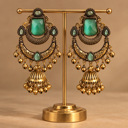 Mehndi Gold Green Stone Chandbali Jhumka