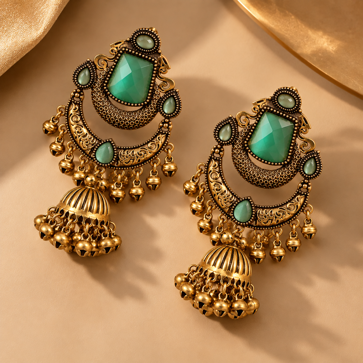 Mehndi Gold Green Stone Chandbali Jhumka