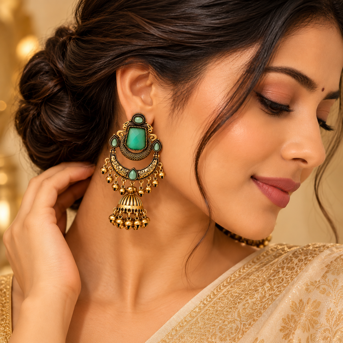 Mehndi Gold Green Stone Chandbali Jhumka