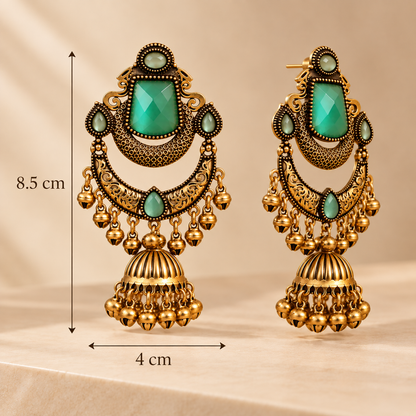 Mehndi Gold Green Stone Chandbali Jhumka