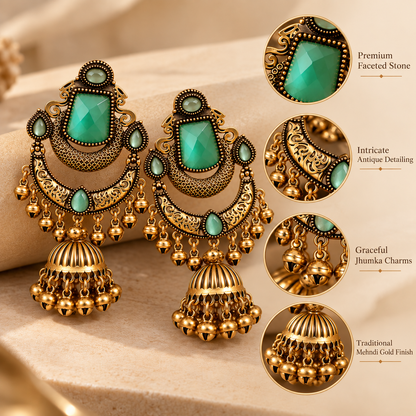 Mehndi Gold Green Stone Chandbali Jhumka