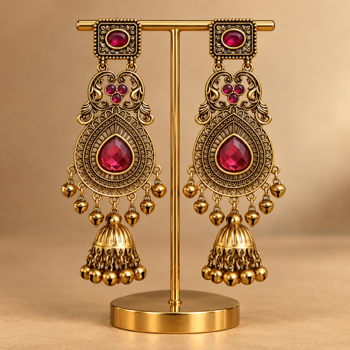 Regal Ruby Antique-Gold Jhumka