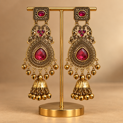 Regal Ruby Antique-Gold Jhumka