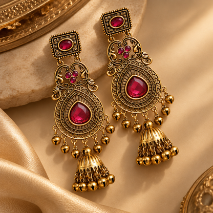 Regal Ruby Antique-Gold Jhumka