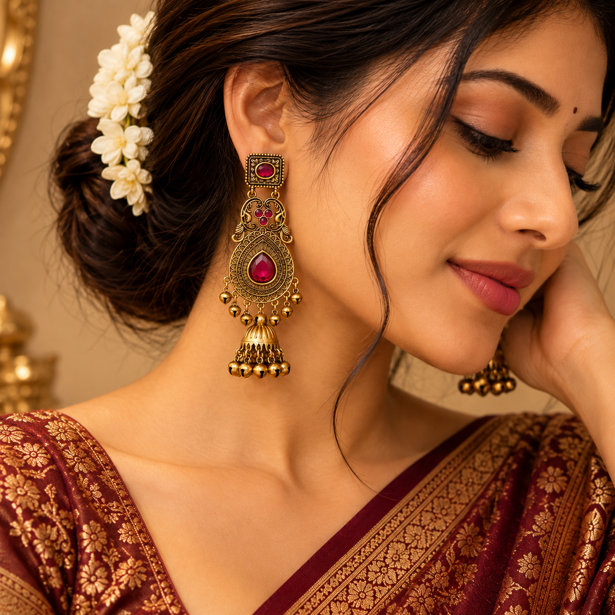 Regal Ruby Antique-Gold Jhumka