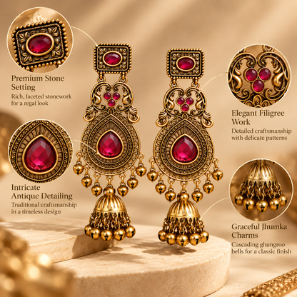 Regal Ruby Antique-Gold Jhumka