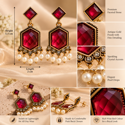 Wine Red Gemstone Pearl Drop Earrings