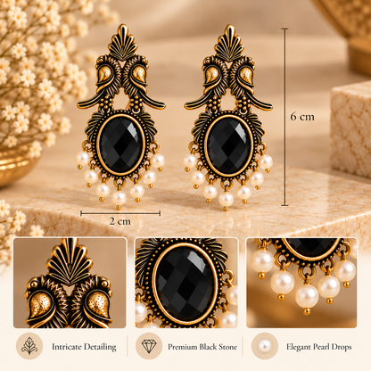 Black Stone Antique Gold Drop Earrings