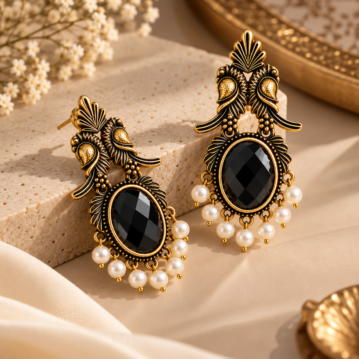 Black Stone Antique Gold Drop Earrings