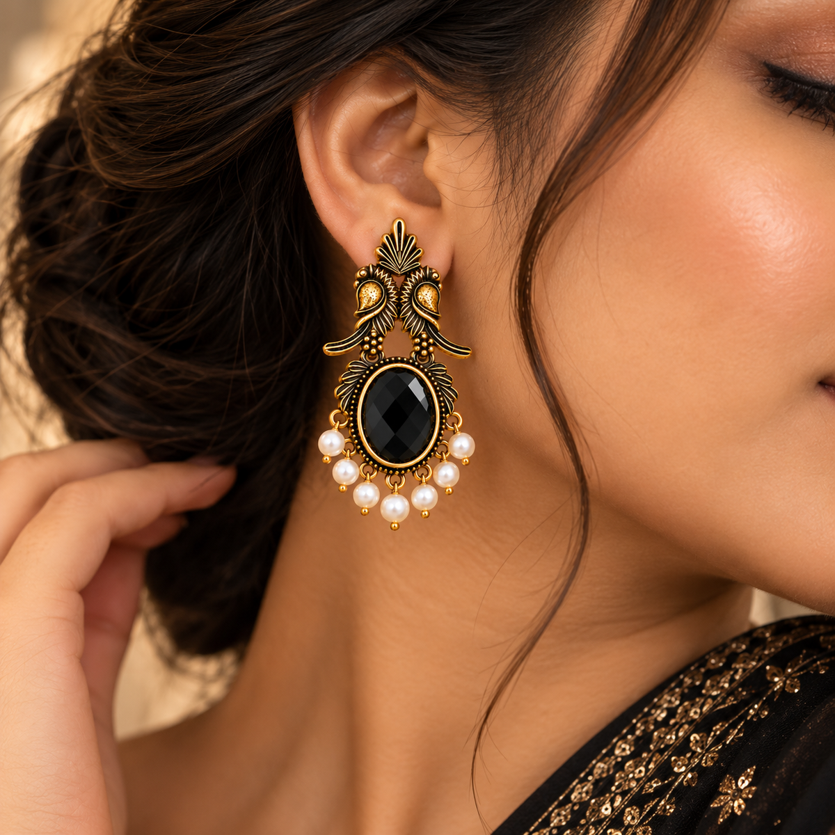 Black Stone Antique Gold Drop Earrings
