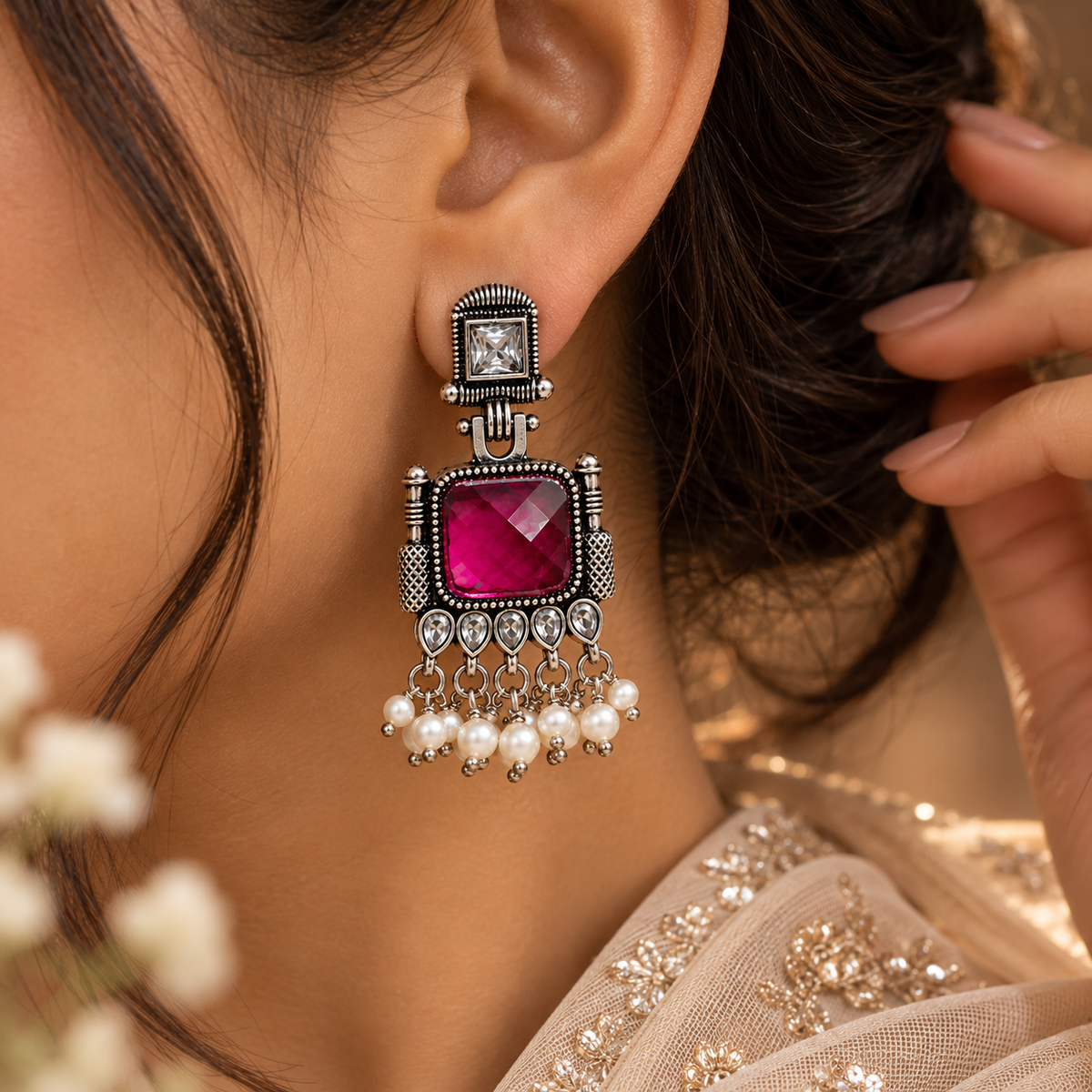 Ruby Magenta Oxidised Silver Chandelier