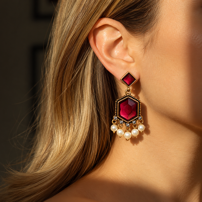 Wine Red Gemstone Pearl Drop Earrings