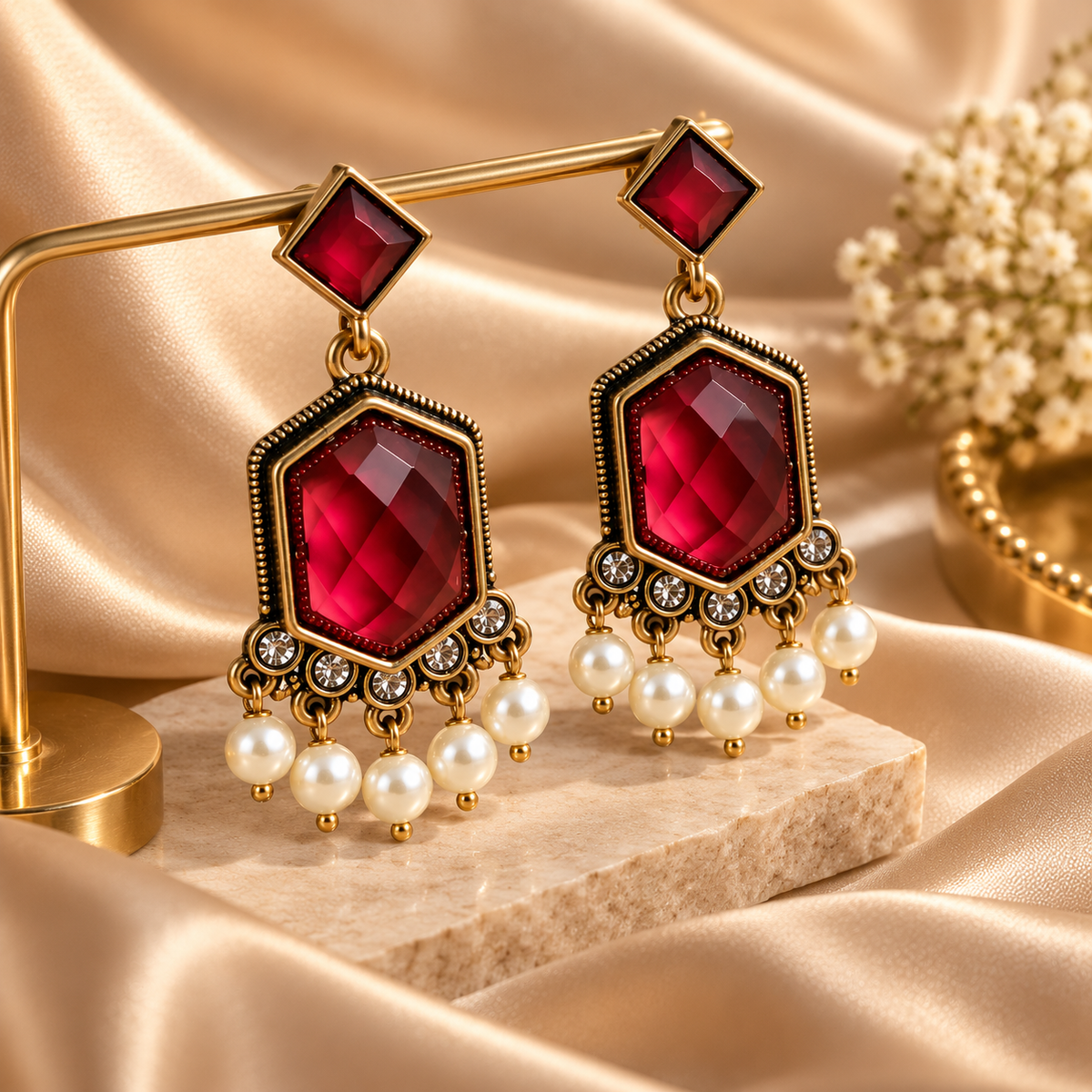 Wine Red Gemstone Pearl Drop Earrings