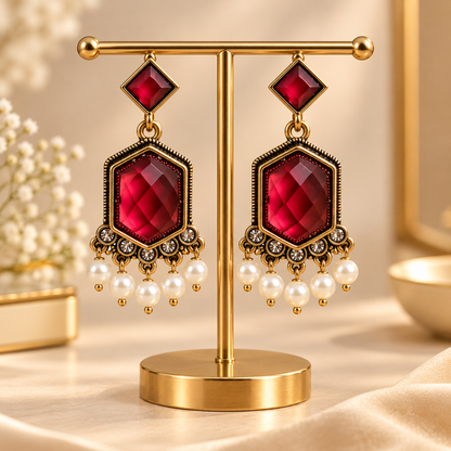 Wine Red Gemstone Pearl Drop Earrings