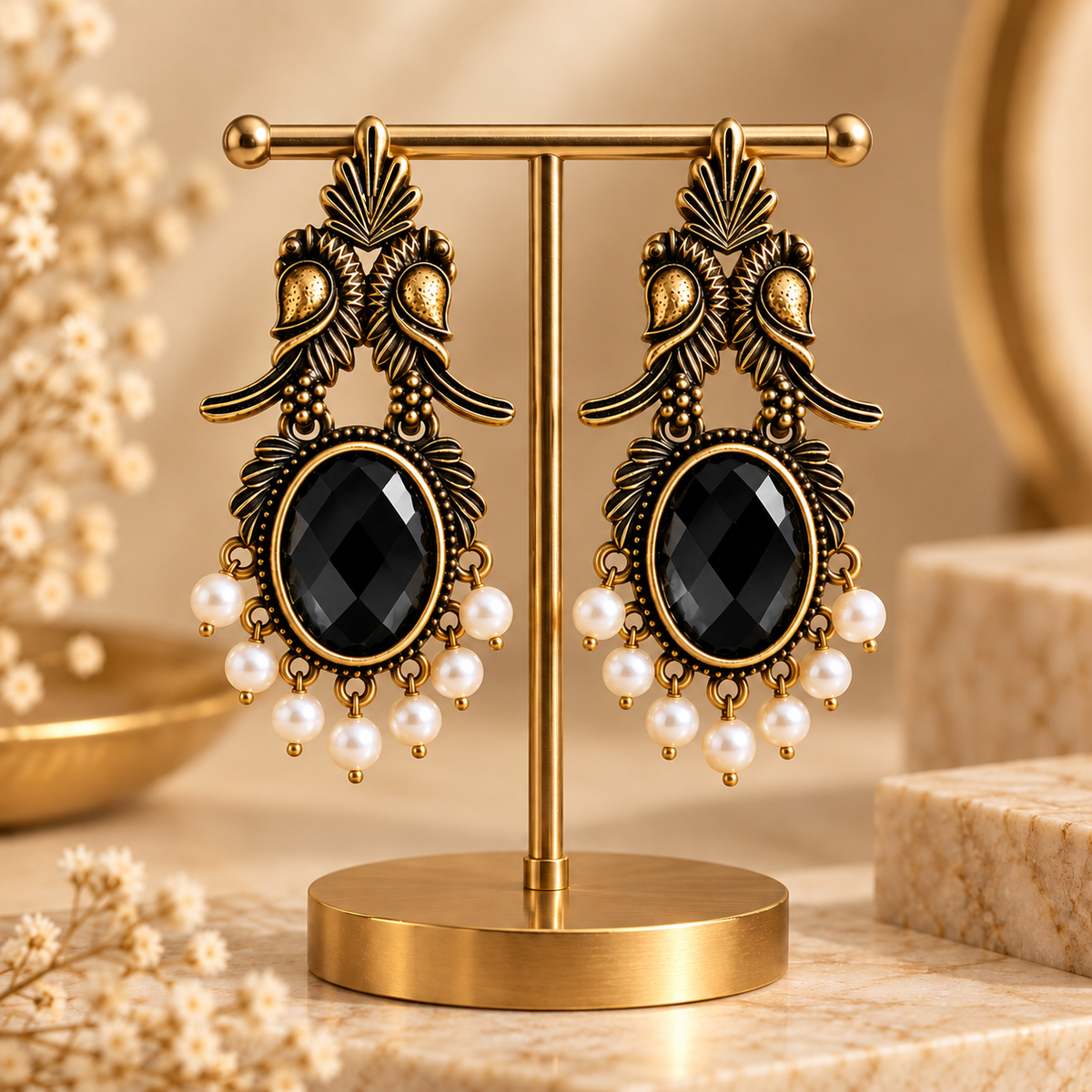 Black Stone Antique Gold Drop Earrings